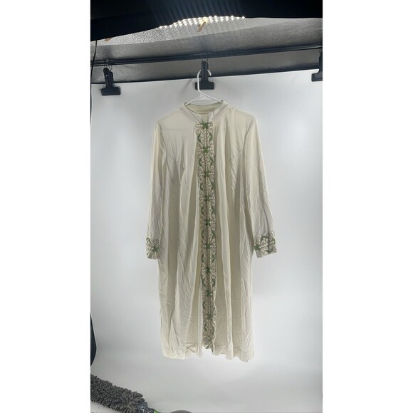 Womens Embroidered Kaftan Gown Lounger Robe Dress Green White - Picture 1 of 4